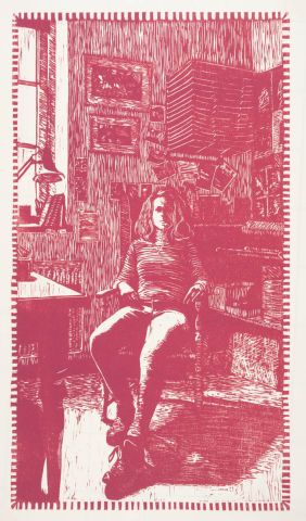 Euvelgunnerheem, zelfportret in atelier I 2020 I houtsnede