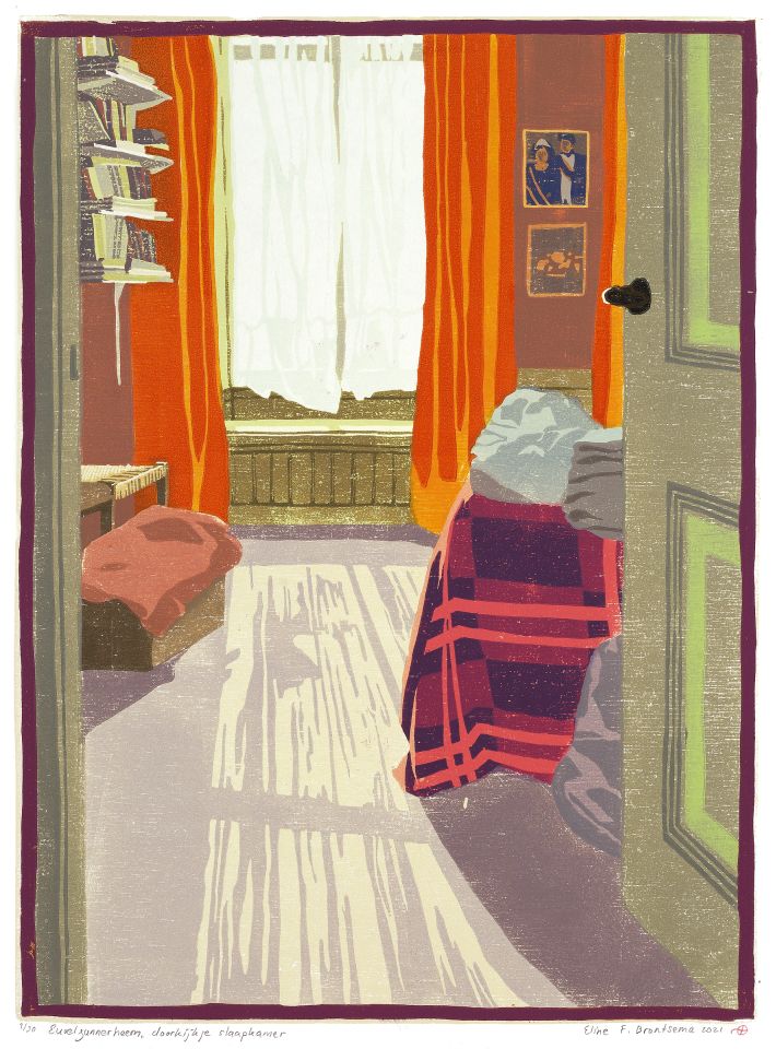 Euvelgunnerheem, doorkijkje slaapkamer I 2021 I houtsnede