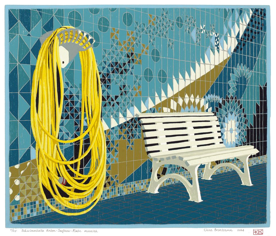 Schwimmhalle Anton-Saefkow-Platz mozaïek I 2024 I houtsnede I 29,1 x 34,6 cm I oplage 25