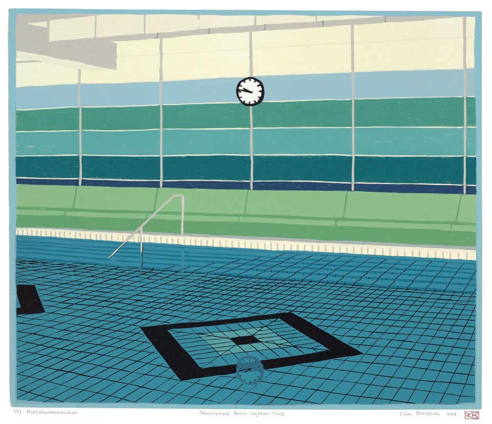 Nichtschwimmerbecken (Schwimmhalle Anton-Saefkow-Platz) I 2024 I houtsnede I 35,8 x 42,6 cm I oplage: 19